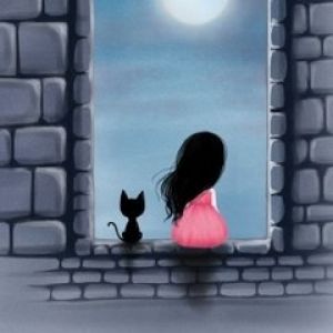 Ragazza con Gatto alla Luce della Luna