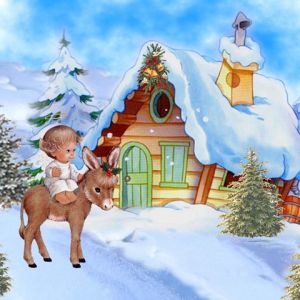 Scena invernale carina con bambino e asino