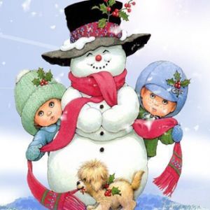 Pupazzo di neve con bambini e cane