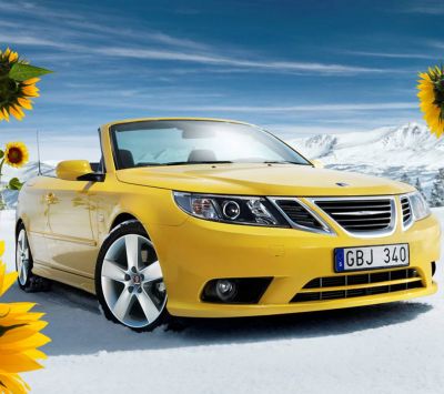Cabriolet Saab Giallo nella Neve - wallpaper preview