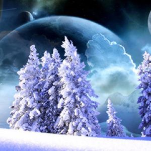 Paesaggio innevato con pianeti