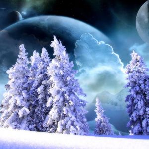 Paesaggio Innevato con Sfondo Cosmico
